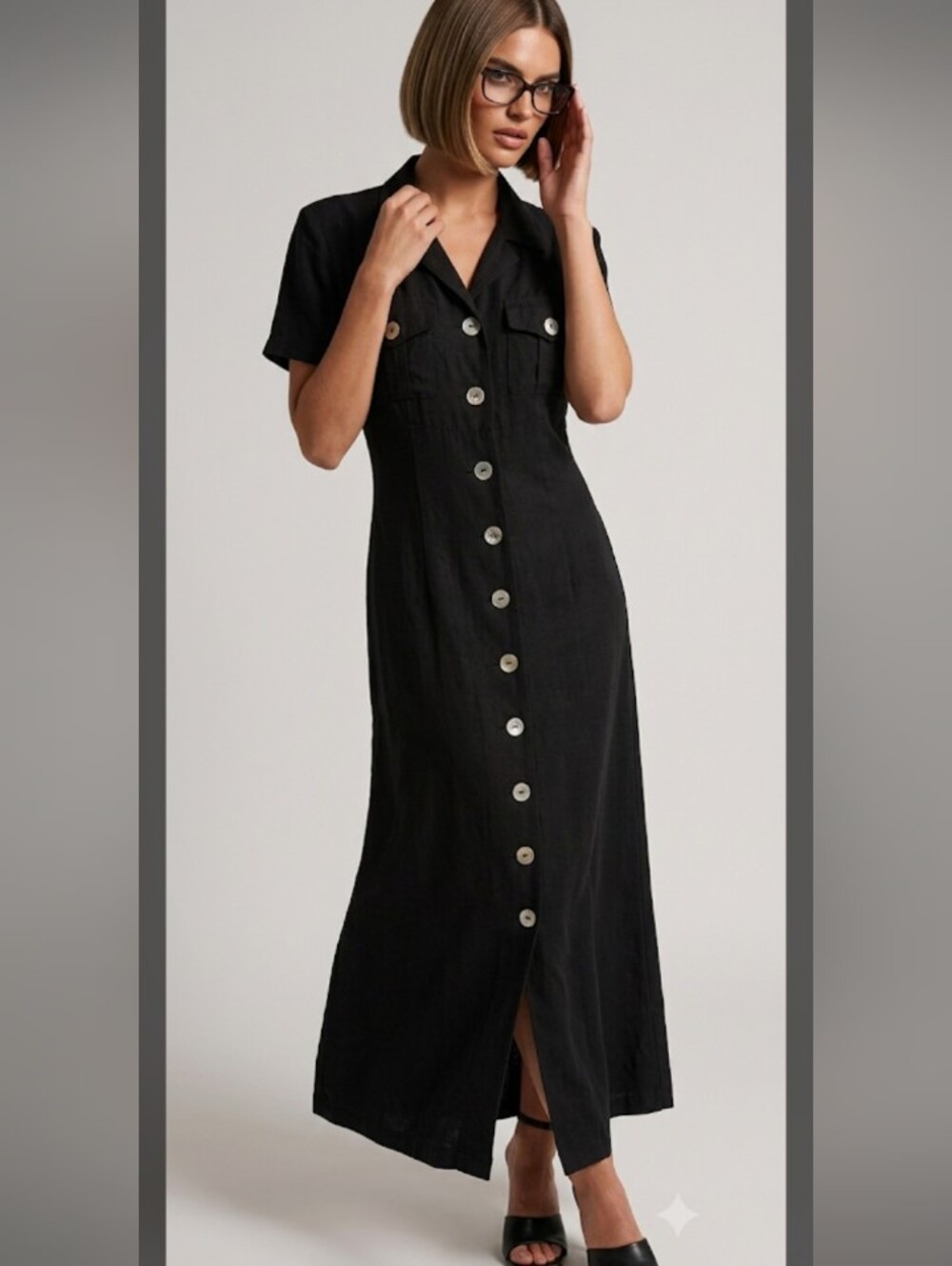 Karin Stevens Vintage Black Rayon Button-Front Maxi Dress Size 8